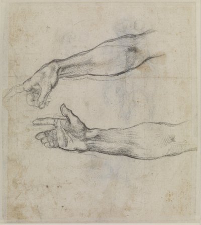 Estudos de um braço estendido para o fresco "A embriaguez de Noé" na Capela Sistina, c.1508-09 (giz preto sobre papel) de Michelangelo Buonarroti