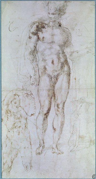 Estudo para Apolo (ex-Mercúrio) em pé nu com uma capa sobre os ombros e a figura de um homem carregando um fardo de Michelangelo Buonarroti