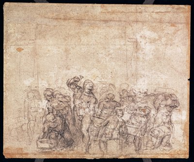 Estudo de Figuras para uma Cena Narrativa (giz preto sobre papel) (verso) (para reto ver 191777) (ver também 191767) de Michelangelo Buonarroti