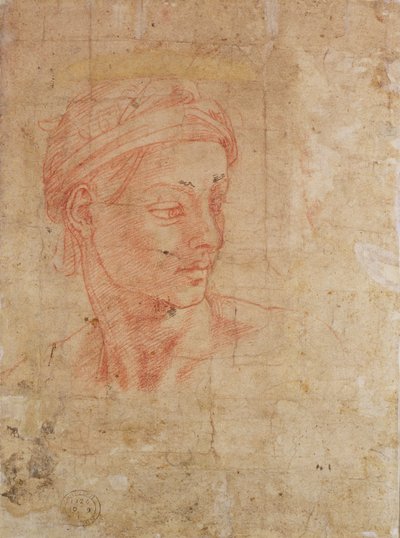 Estudo de uma cabeça (giz vermelho sobre papel) de Michelangelo Buonarroti