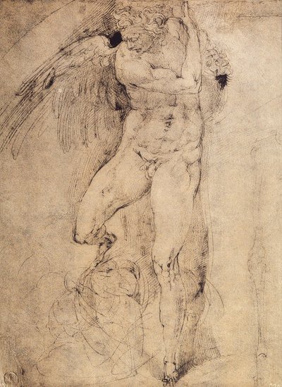 Estudo de um anjo para o Juízo Final: desenho de Michelangelo. Casa Buonarroti, Florença de Michelangelo Buonarroti