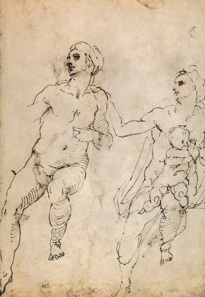 Estudo de algumas figuras nuas; desenho de Michelangelo. O louvre, paris de Michelangelo Buonarroti