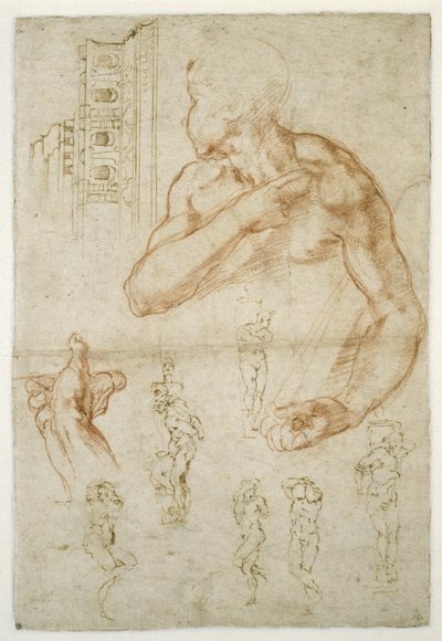 Estudo da figura assistencial da Sibila da Líbia, c.1512 (giz vermelho e caneta sobre papel) de Michelangelo Buonarroti