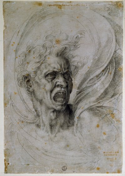 A estudar a cabeça de um homem aos gritos. Desenho de Michelangelo Buonarroti conhecido como Michel Ange ou Michelangelo ou Michelangelo (1475-1564). Florença, Museu Uffizi (Florença, Gabinetto Disegni e Stampe degli Uffizi). de Michelangelo Buonarroti
