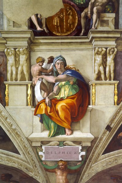O teto da Capela Delphic Sibyl Sistine no Vaticano, 1508-1512 de Michelangelo Buonarroti