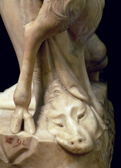 A embriaguez de Baco, detalhe de uma cabeça de panteras, escultura de Michelangelo Buonarroti 1475-1564, 1496-97 detalhe em mármore de 52672 de Michelangelo Buonarroti