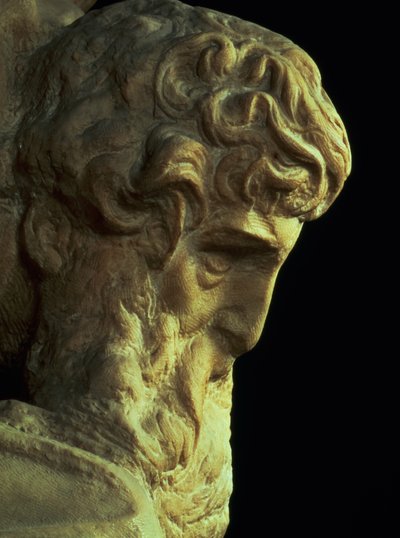 O gênio da vitória por Michelangelo Buonarroti 1475-1564 detalhe de uma cabeça inacabada, 1527-28 marmore ver 52671 de Michelangelo Buonarroti