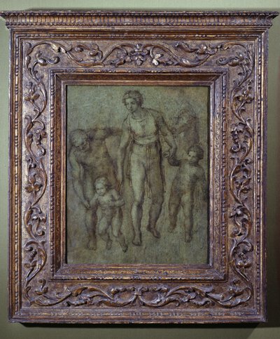 A Sagrada Família com São João Batista, c.1540 (escova e lavagem marrom no painel) de Michelangelo Buonarroti