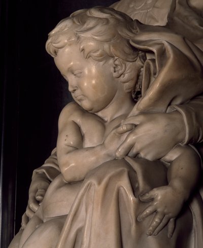 O Menino Jesus, detalhe de Madonna e Criança, de Michelangelo (1475-1564), Igreja de Notre Dame em Bruges, Bélgica de Michelangelo Buonarroti