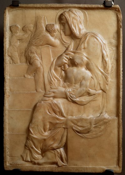 Virgem nas escadas (Madonna della Scala) Relevo de mármore baixo de Michelangelo Buonarroti dit Michel Ange (Michelangelo ou Michelangelo de Michelangelo Buonarroti