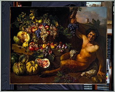 Natureza morta com um sátiro numa paisagem (tela) de Michelangelo Cerquozzi