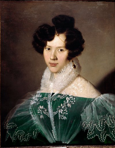 Retrato de uma jovem mulher. Pintura de Michelangelo Grigoletti (1801-70). Roma, Galleria d