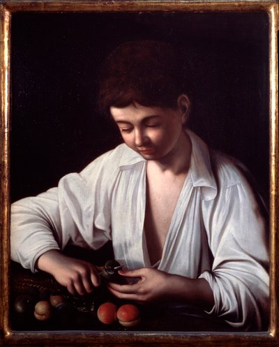Um rapaz a descascar uma fruta de Michelangelo Merisi da Caravaggio