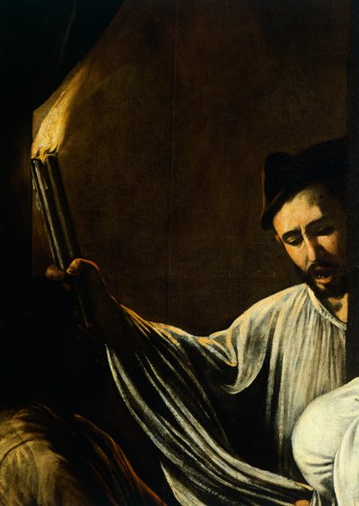 Um homem segurando uma tocha e enterrando um morto, detalhe de Nossa Senhora da Misericórdia ou Sete Atos de Misericórdia, c.1606-07 (óleo sobre tela) de Michelangelo Merisi da Caravaggio