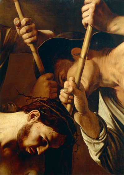Rosto de Cristo, A Coroação com Espinhos, c.1603 (óleo sobre tela) (detalhe de 507206) de Michelangelo Merisi da Caravaggio