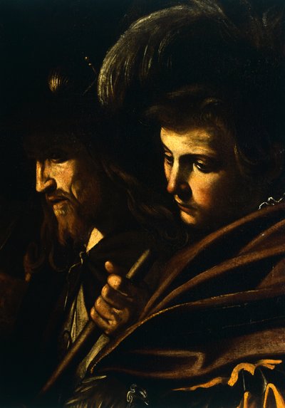 Faces de dois homens, detalhe de Nossa Senhora das Mercês ou Sete Atos de Misericórdia, c.1606-07 (óleo sobre tela) de Michelangelo Merisi da Caravaggio