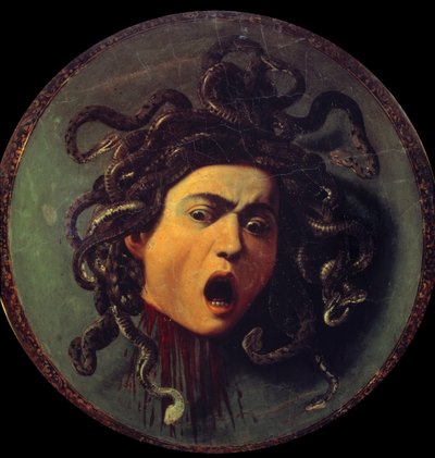 Chefe da Meduse. Pintura no verso de um escudo coberto com lona. Símbolo da vitória da razão sobre os sentidos referente ao mito de Perseu e Medusa (Gorgona). Pintura de Michelangelo Merisi chamada O Caravaggio ou Il Caravaggio (1571-1610). de Michelangelo Merisi da Caravaggio