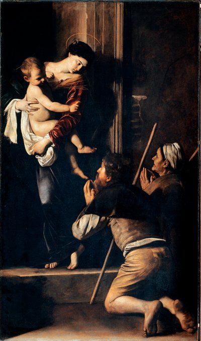 Madonna dei pellegrini também conhecida como Madonna di Loreto (Madonna des Pelerins ou Madonna de Lorette). Pintura de Michelangelo Merisi dit Il Caravaggio (O Caravaggio) (1571-1610) 1603-1605 Dim. 260x150 cm Roma, Chiesa di Sant 
