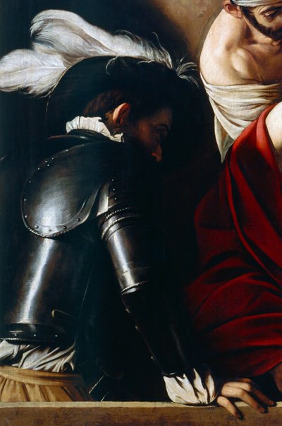 Homem de armadura, de The Crowning with Thorns, c.1603 (óleo sobre tela) (detalhe de 507206) de Michelangelo Merisi da Caravaggio
