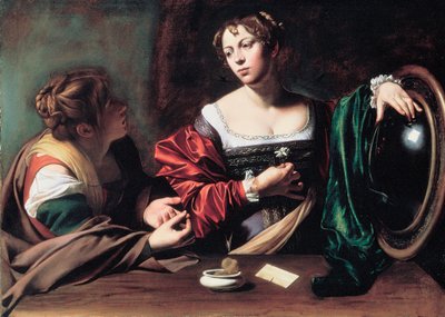""Marta e Maria Madalena"" Pintura de Michelangelo Merisi conhecido como Caravaggio ou il Caravaggio (1571-1610) cerca de 1598 Dim. 100x134,5 cm Detroit Institute of Art de Michelangelo Merisi da Caravaggio