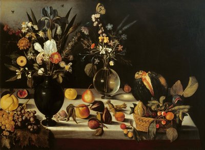 Natureza morta com flores e frutos, por Mestre da Natureza Morta de Hartford, c.1600-10 (óleo sobre tela) de Michelangelo Merisi da Caravaggio