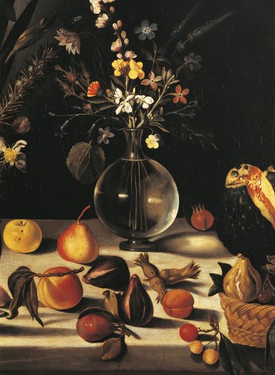 Natureza morta com flores e frutos, por Mestre da Natureza Morta de Hartford, c.1600-10 (óleo sobre tela) (detalhe de 507174) de Michelangelo Merisi da Caravaggio