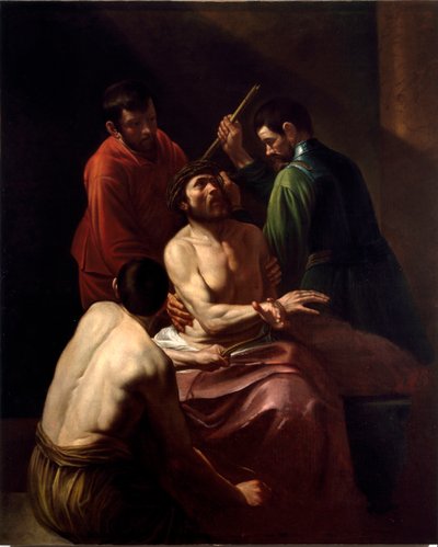 A Coroação de Espinhas Pintura de Michelangelo Merisi chamada The Caravaggio ou il Caravaggio (1571-1610) (recentemente atribuída) Dim. 203x166 cm Genes, Chiesa di San Bartolomeo della Certosa de Michelangelo Merisi da Caravaggio
