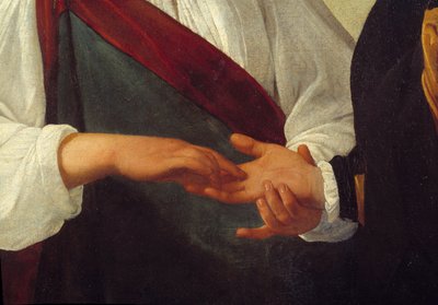 A cartomante Detalhe representando a mão do cliente esticada na da mulher que lê as linhas de sua palma. Pintura de Michelangelo Merisi da Caravaggio dit Le Caravaggio (ca. 1571-1610) Sol. 0,99x1,31 m de Michelangelo Merisi da Caravaggio