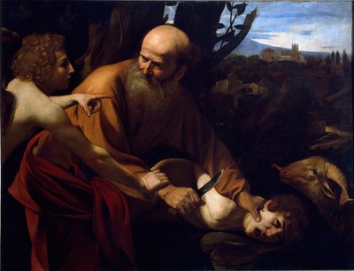 O sacrifício de Isaque Um anjo segura a mão de Abraão antes do sacrifício de seu filho Isaque, ordenado pelo Senhor. Pintura de Michelangelo Merisi chamada O Caravaggio ou Il Caravaggio (1571-1610) 1594-1596 Dim. 104x135 cm Florença, Galleria degli Uffizi  de Michelangelo Merisi da Caravaggio