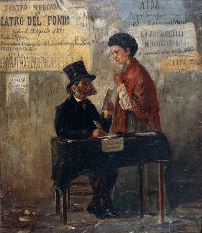 Cartazes de teatro e escriba pública, por Michele Cammarano (1835-1920) de Michele Cammarano
