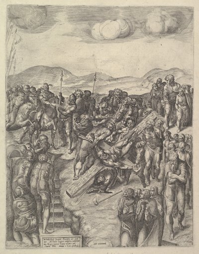 A Crucificação de São Pedro, segundo os afrescos de Michelangelo na Capela Paulina, Va..., 1550-60. de Michele Lucchese