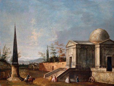 Figuras elegantes em frente a uma igreja clássica abobadada, um obelisco à esquerda de Michele Marieschi