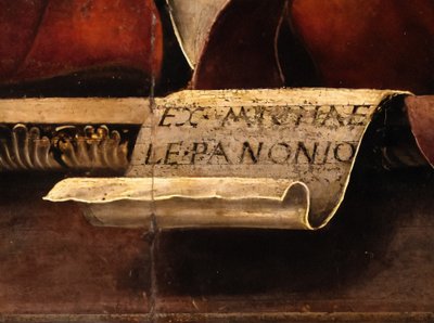 A Musa Thalia, pormenor, c.1456-57 (óleo e têmpera sobre choupo) de Michele Pannonio