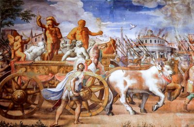 Triunfo do cônsul Lucius Aemilius Paulus sobre Perseu rei da Macedônia (detalhe), cerca de 1570 (fresco) de Michele and Rocchetti Jacopo Alberti