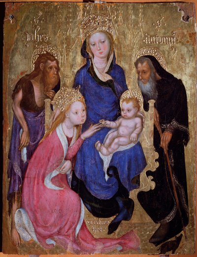 O casamento místico de Santa Catarina com São João Baptista e António do Egipto - Pintura, cerca de 1420 de Michelino Molinari da (attr. to) Besozzo
