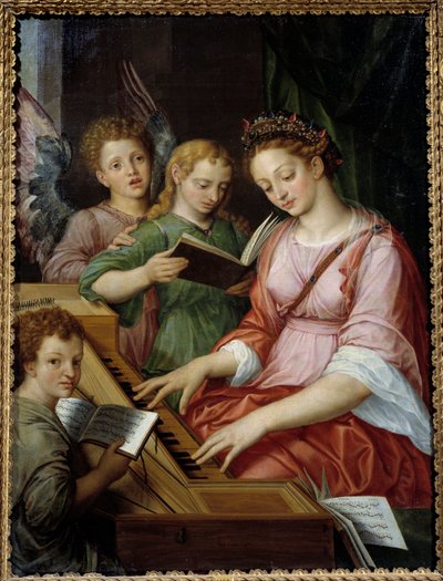 Santa Cecile tocando cravo Pintura de Michael Coxcie (Michiel Coxien) (De Coxien, De Coxcie, Coxius, Van Coxcie e Coxie) (1499-1592) de Michiel I Coxie or Coxcie