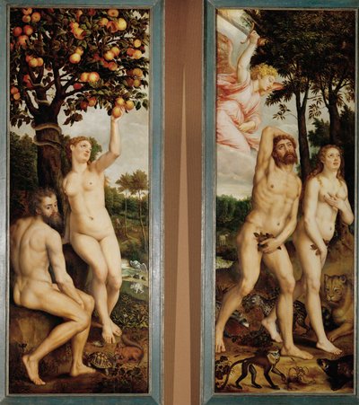 A queda e a expulsão do paraíso Duas alas de um altar (pintura sobre madeira de carvalho) de Michiel I Coxie or Coxcie