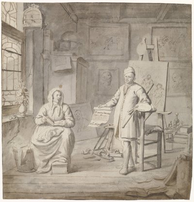 O pintor Michiel Comans e a sua terceira esposa Elisabeth van der Mersche no estúdio de Michiel van Musscher
