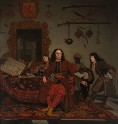 Thomas Hees e seu servo Thomas e sobrinhos Jan e Andries Hees Retrato de Thomas Hees (n. 1634/35), residente e comissário dos estados gerais dos governos de Argel, Túnis e Trípoli, com seus sobrinhos Jan (n. 1670/71) e Andries (n. 1). de Michiel van Musscher