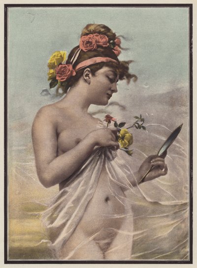 A manhã, mulher com um espelho (cor litho) de Mieczyslaw Reyzner