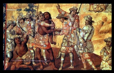 Detalhe dos conquistadores cortando as mãos de dois espiões de Xicotencatl de Miguel Gonzalez