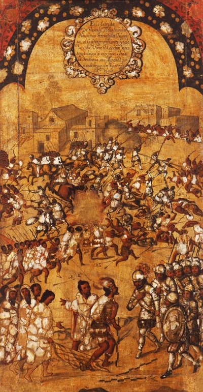 A Conquista do México, Painel V, c.1696-1715 (pintura sobre madeira) de Miguel Gonzalez