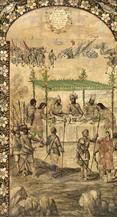 Ordena a Destruição dos Navios e Encontros com os Embaixadores de Montezuma (Moctezuma, Moteuczoma, Motecuhzoma) (1466-1520) em 1520 - A Conquista do México por Hernán Cortes par González, Miguel e Juan (final ativo do 17º cen.). Óleo sobre madeira, tamanh de Miguel and Juan Gonzalez