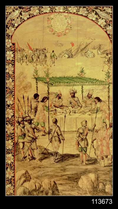 A Conquista do México: Hernando Cortes (1485-1547) ordena a destruição dos navios e encontros com os embaixadores de Montezuma (1466-1520) em 1520 de Miguel and Juan Gonzalez