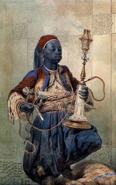 "Portrait de nubien a la pipe a eau" (Nubiano com um tubo de água) Aquarelle de Mihaly Zichy (1827-1906) 1862 Dim 49,5x31 cm Colecção Privada de Mihaly von Zichy