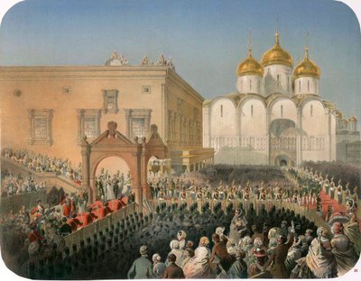 Procissão da czarina Alexandra Feodorovna à Catedral da Dormição, Moscou, 1856 de Mihaly von Zichy