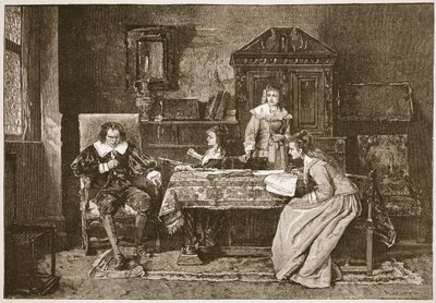 Milton ditando "Paradise Lost", ilustração de "A Igreja da Inglaterra: Uma História para o Povo" por HDM Spence-Jones, pub. c.1910 (foto sépia) de Mihály Munkácsy
