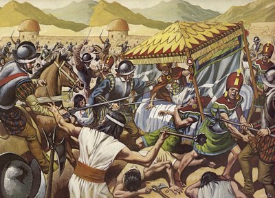 Os espanhóis derrubam o Império Inca do Peru. (litografia a cores) de Mike (20th century) White