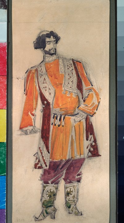 Traje preparatório masculino para a ópera "A noiva do czar" de Nicholas (Nikolai) Rimsky Korsakov (Rimsky-Korsakov) (1844-1908) (Figurino para a ópera A noiva do czar de N Rimsky Korsakov (Rimsky ). -Korsakov) - Obra de Mikhail Alexander de Mikhail Aleksandrovich Vrubel