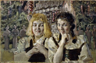 Hansel e Gretel (Hansel e Gretel). Retratos das duas crianças do conto dos irmãos Jacob (1785-1863) e Wilhelm (1786-1859) Grimm, com olhos gananciosos em frente à casa de doces. Pintura de Mikhail Alexandrovich Vrubel (Vrubel) (1856-1910), óleo sobre de Mikhail Aleksandrovich Vrubel
